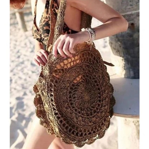 Boho Coffee Brown Straw Round Bag - Picture 1 of 7